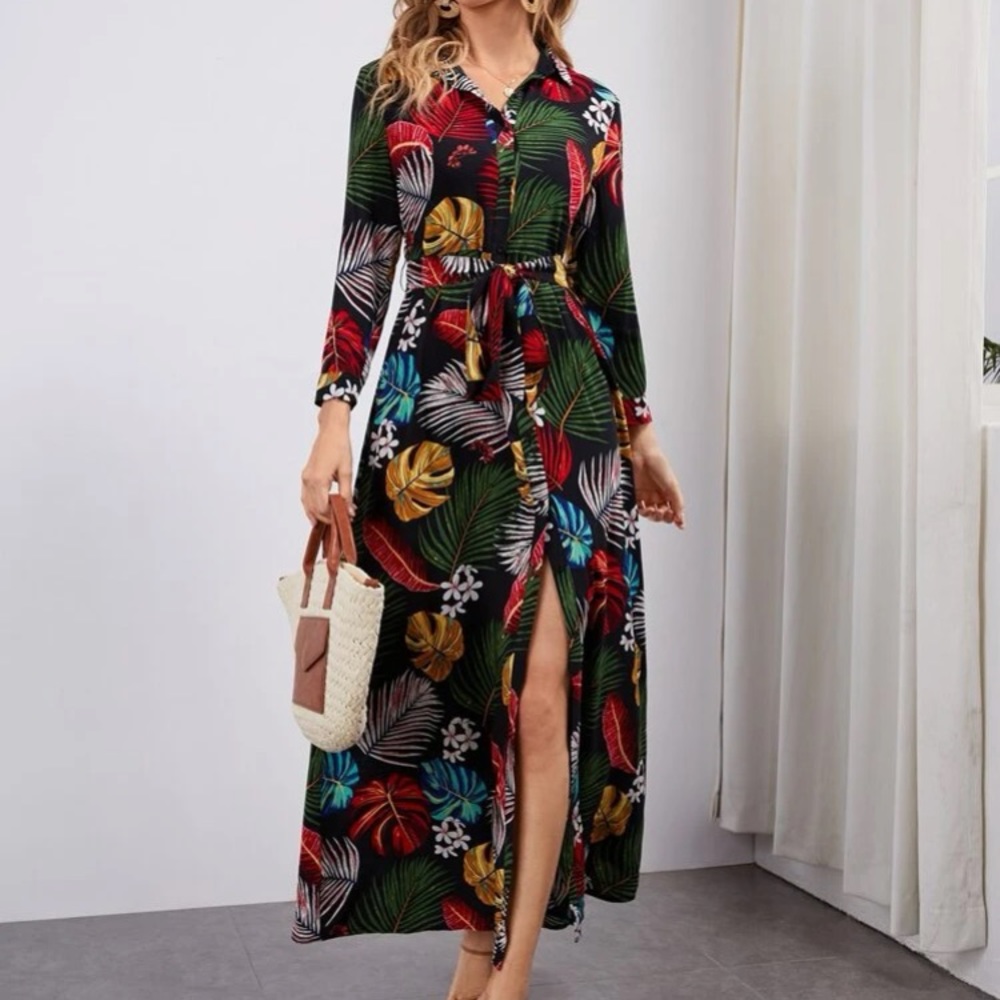 SHEIN Tropical Print Belted Shirt Dress Size xsmall